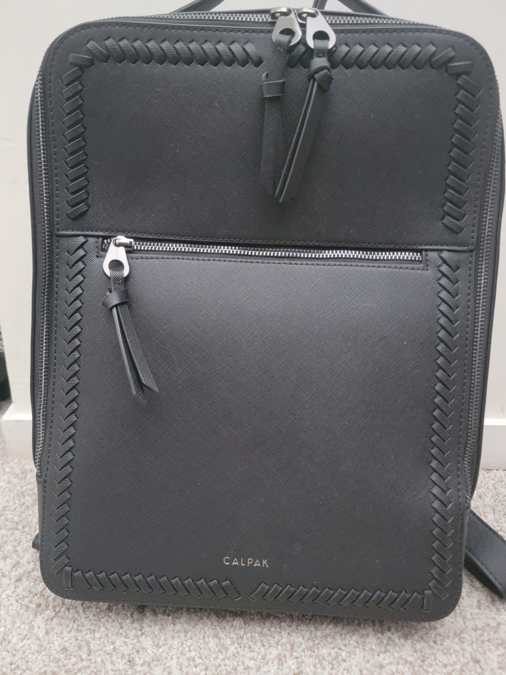 Calpak Black Leather-Look Men's Backpack with Woven Trim